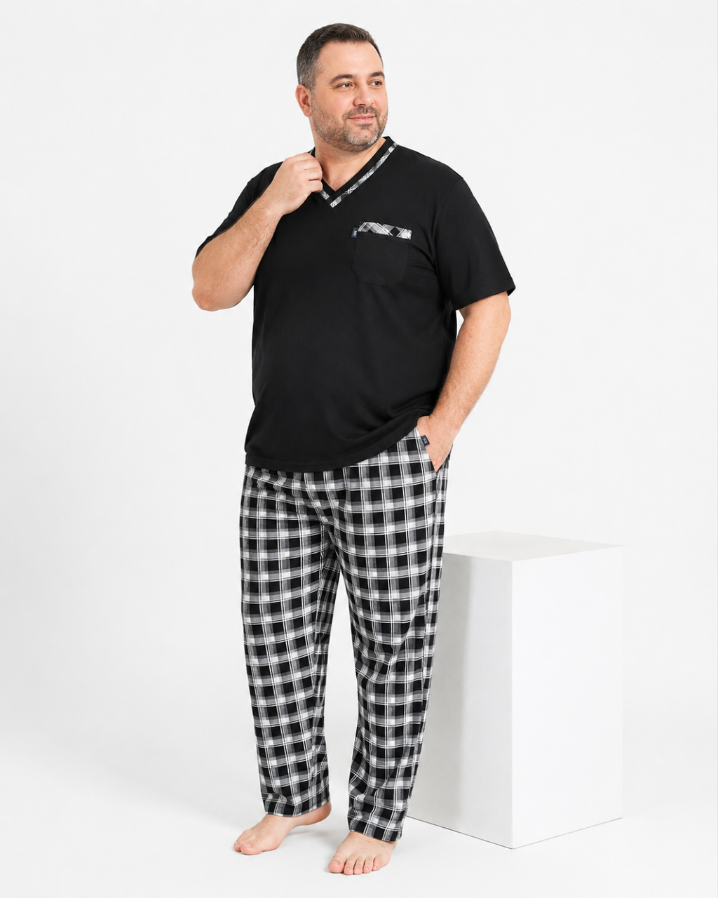 Men's Pajama Set, Black Plaid Pants