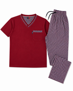 Men's maroon checkered pajama set with pants