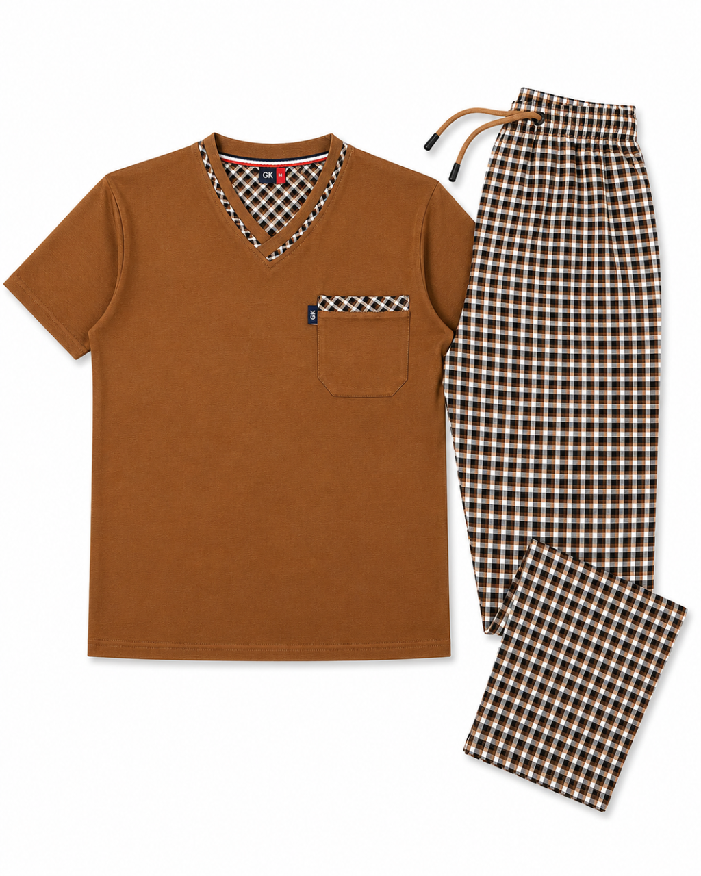 Men's pajama set, plaid pants, honey-colored