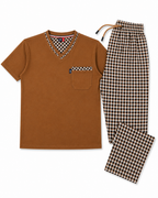 Men's pajama set, plaid pants, honey-colored