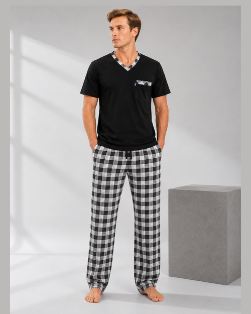 Men's Pajama Set, Black Plaid Pants
