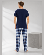 Men's Pajama Set, House, Plaid Trousers, Indigo Color