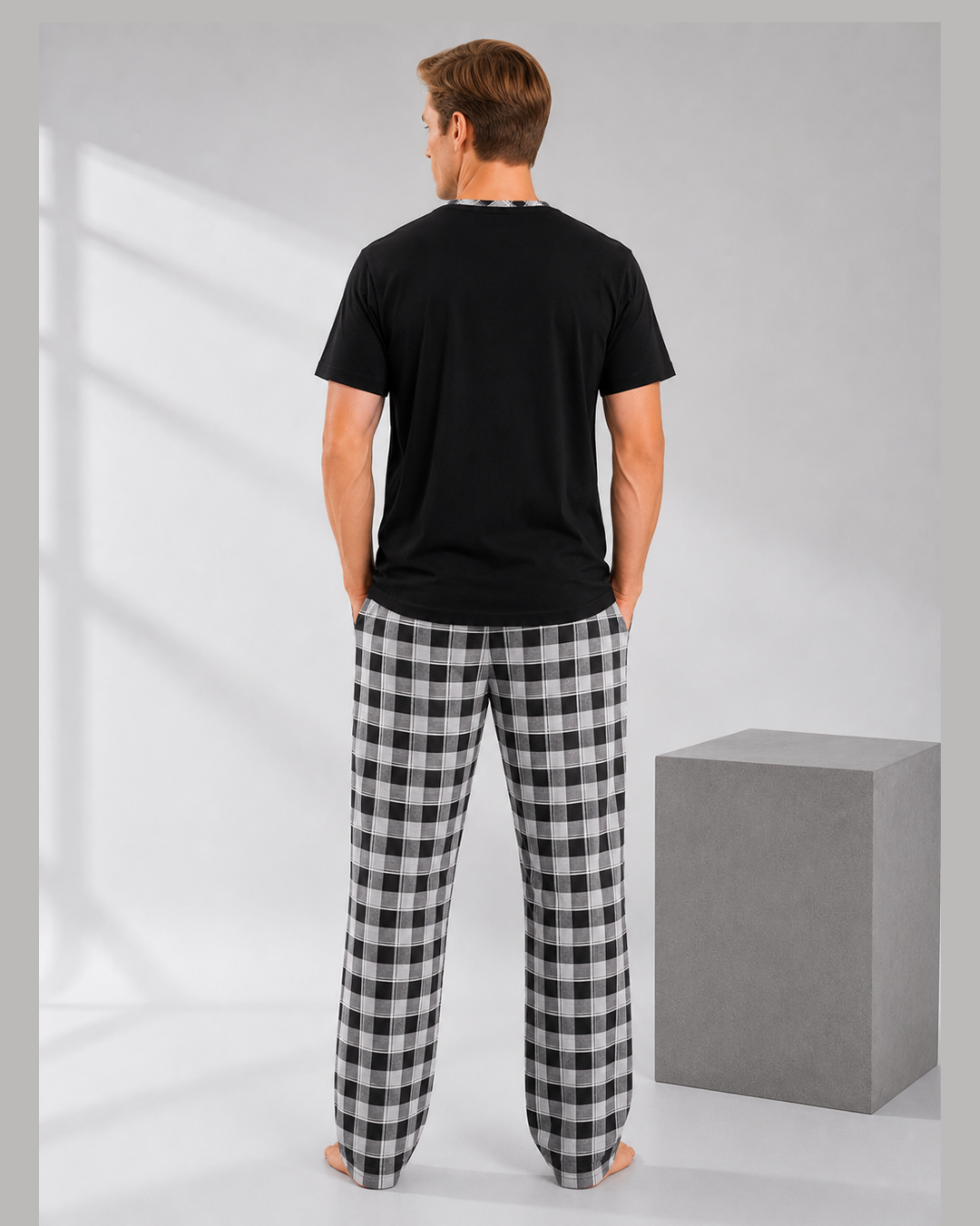 Men's Pajama Set, Black Plaid Pants