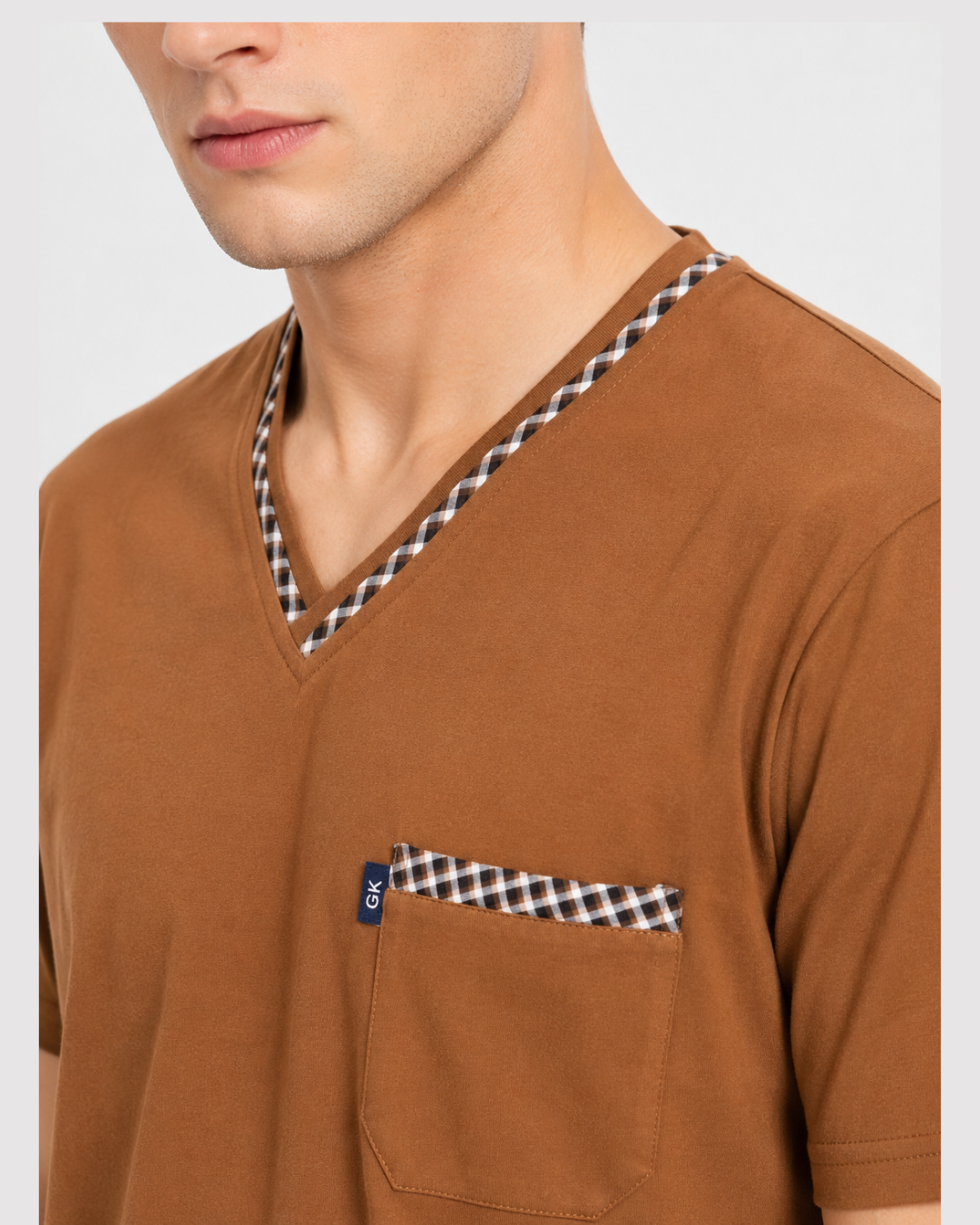 Men's pajama set, plaid pants, honey-colored