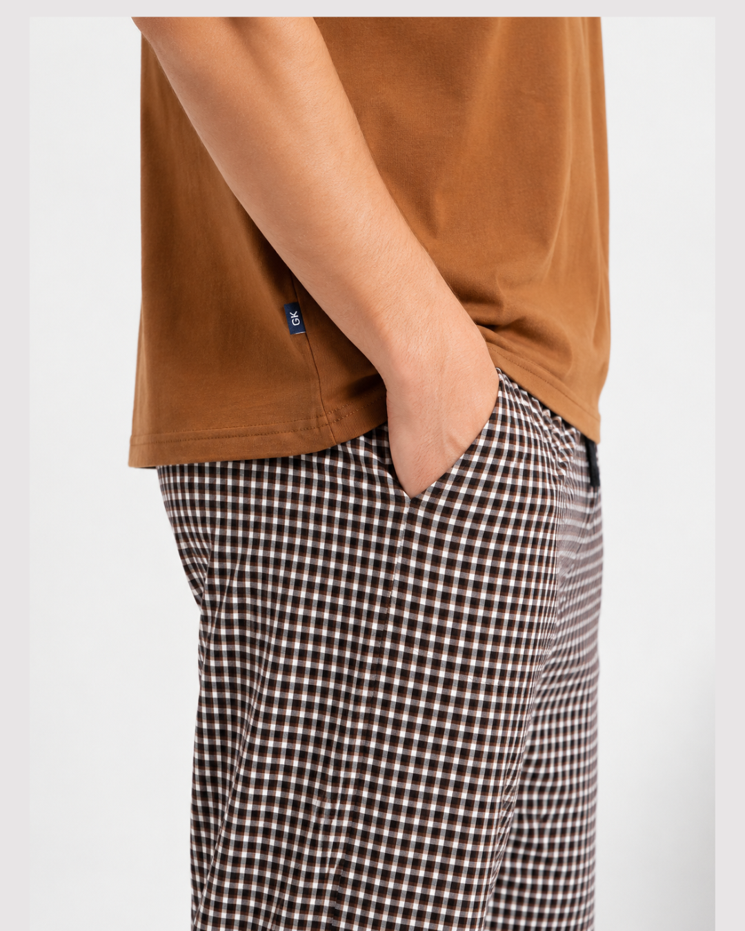 Men's pajama set, plaid pants, honey-colored