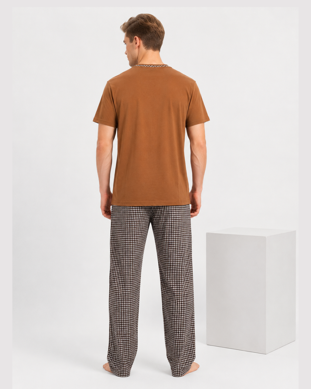 Men's pajama set, plaid pants, honey-colored